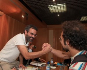 Greeting Goncalo M. Tavares at a FLAD event